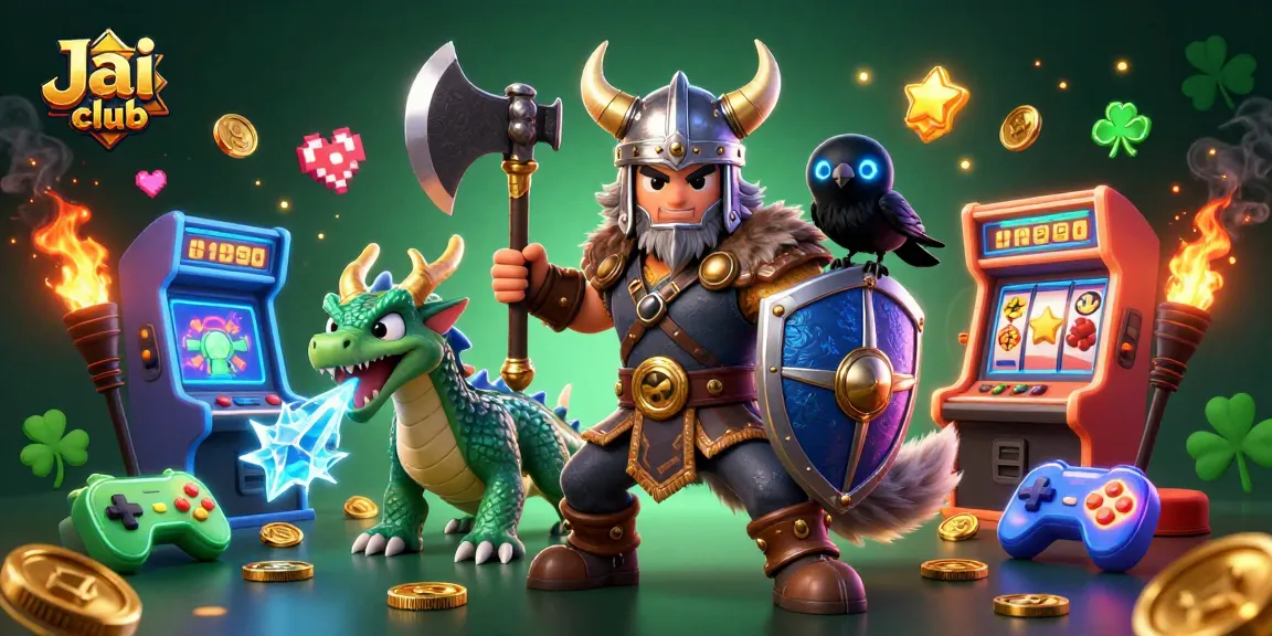 Play exciting games at Jai club with an engaging scene of a Viking warrior, dragon, and vibrant game elements.