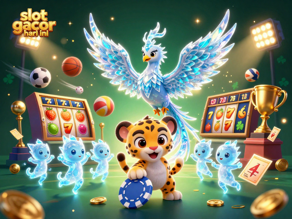 Permainan slot gacor hari ini dengan phoenix es, chip poker, dan sprite cahaya.