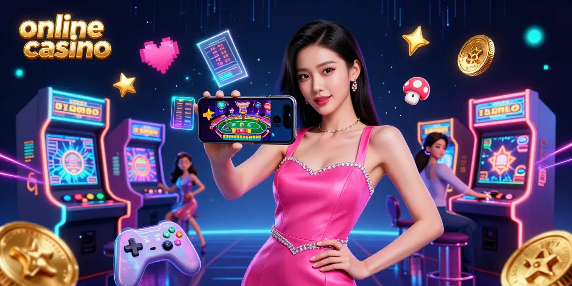 Experience the thrill of an online casino with colorful games and a confident player.