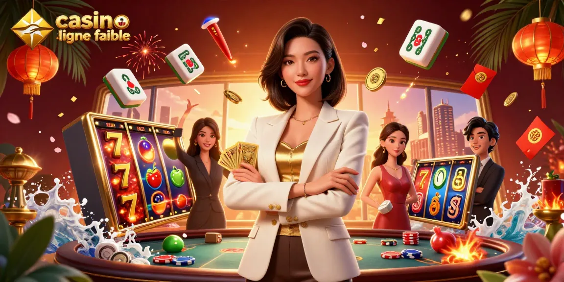 Scène captivante illustrant une femme asiatique professionnelle dans un casino en ligne fiable, tenant des cartes parmi des éléments de machines à sous vibrants.