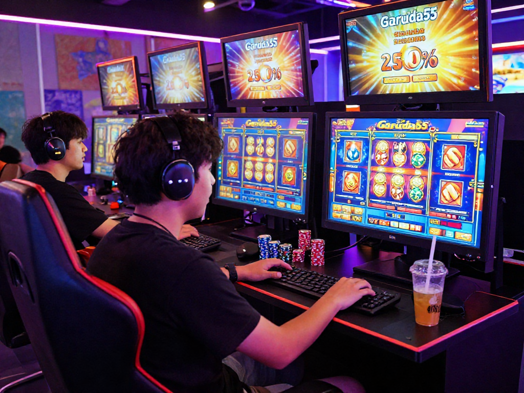 Exciting visual of GARUDA55 online slot gaming environment with vibrant displays and engaged player.