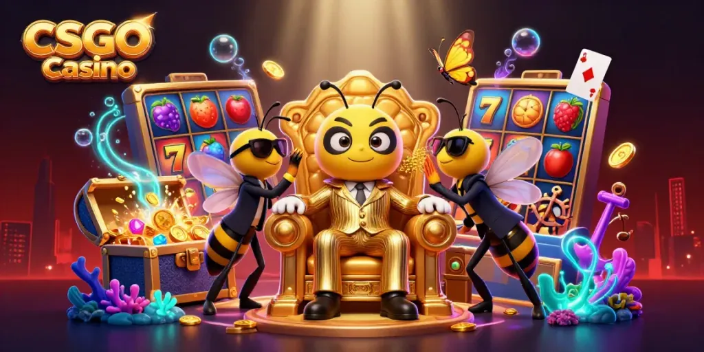 Experience thrilling gameplay with CSGO Casino featuring a cartoon mob boss, vibrant slot machines, and gold treasures.