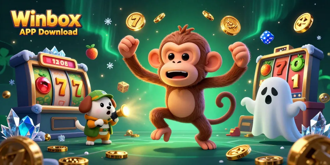 Winbox APK Download showcases an energetic haunted casino scene with a playful ghost and puppy.
