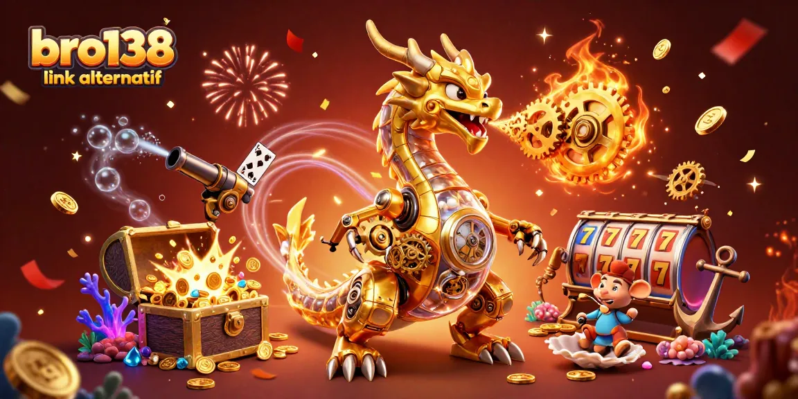 Bermain slot dengan bro138 link alternatif dalam ilustrasi 3D yang memukau, menunjukkan naga emas dan harta karun.