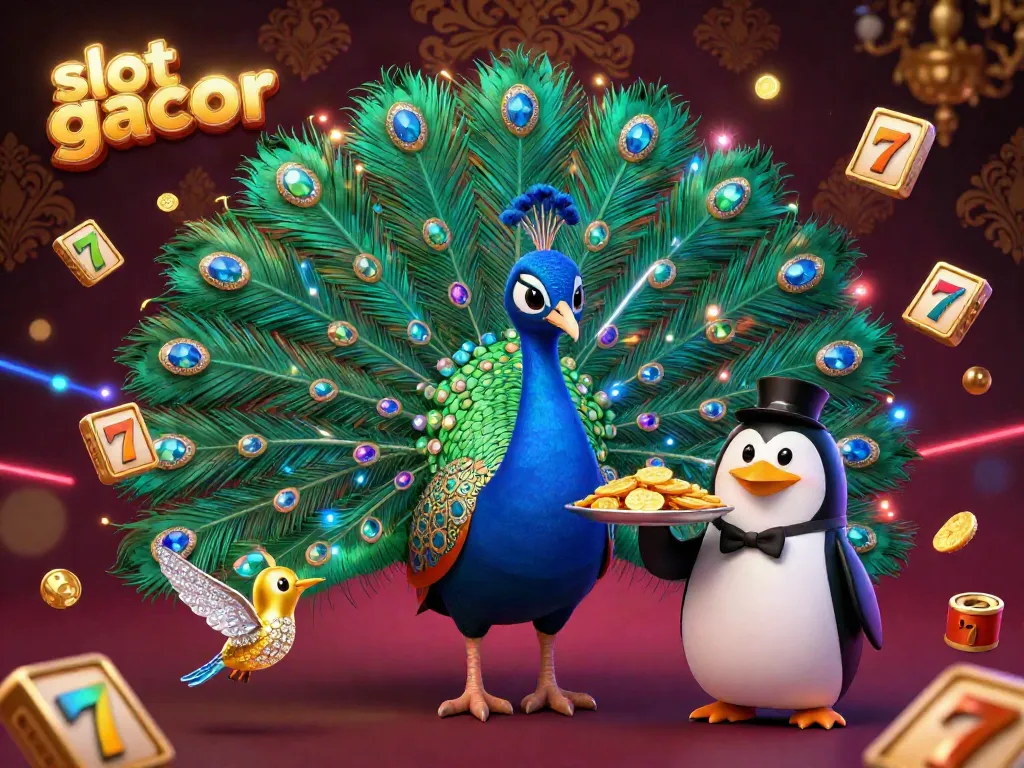 Slot gacor mengundang keberuntungan dengan merak, penguin, dan burung kolibri yang berkilau.