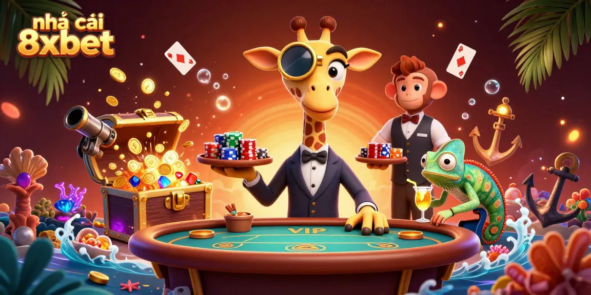 Experience the excitement of nhà cái 8xbet with a vibrant 3D casino scene featuring a giraffe and friends.