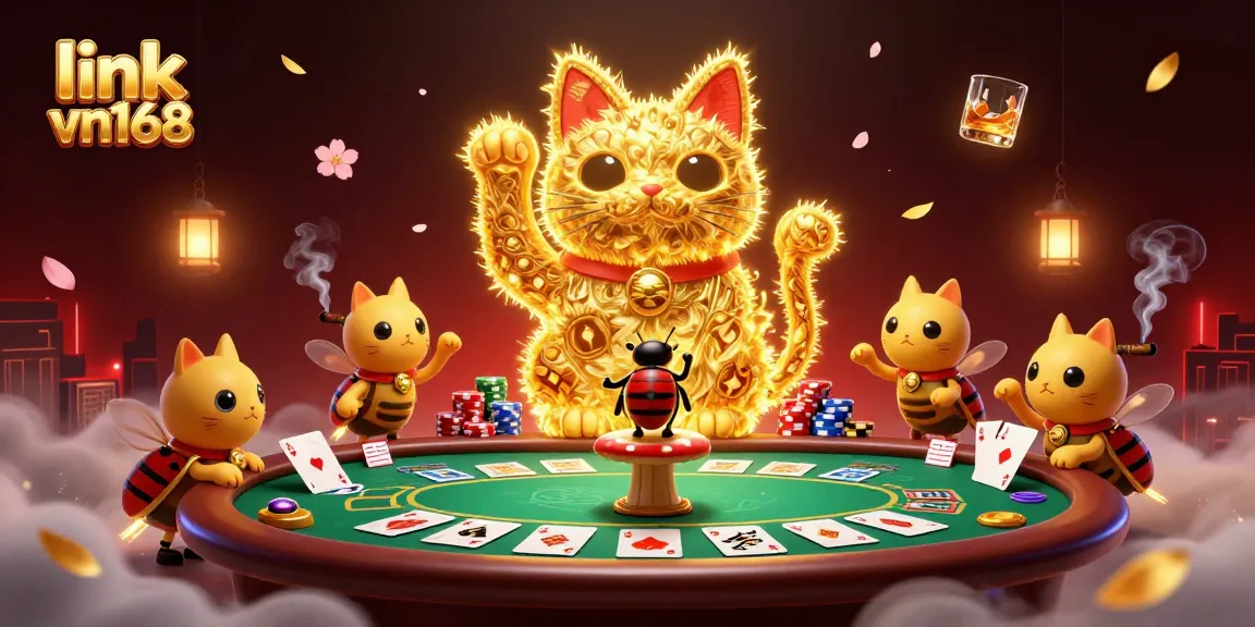 Link vn168 showcases a vibrant casino scene with animated fireflies forming a lucky cat amidst poker chips and cards.