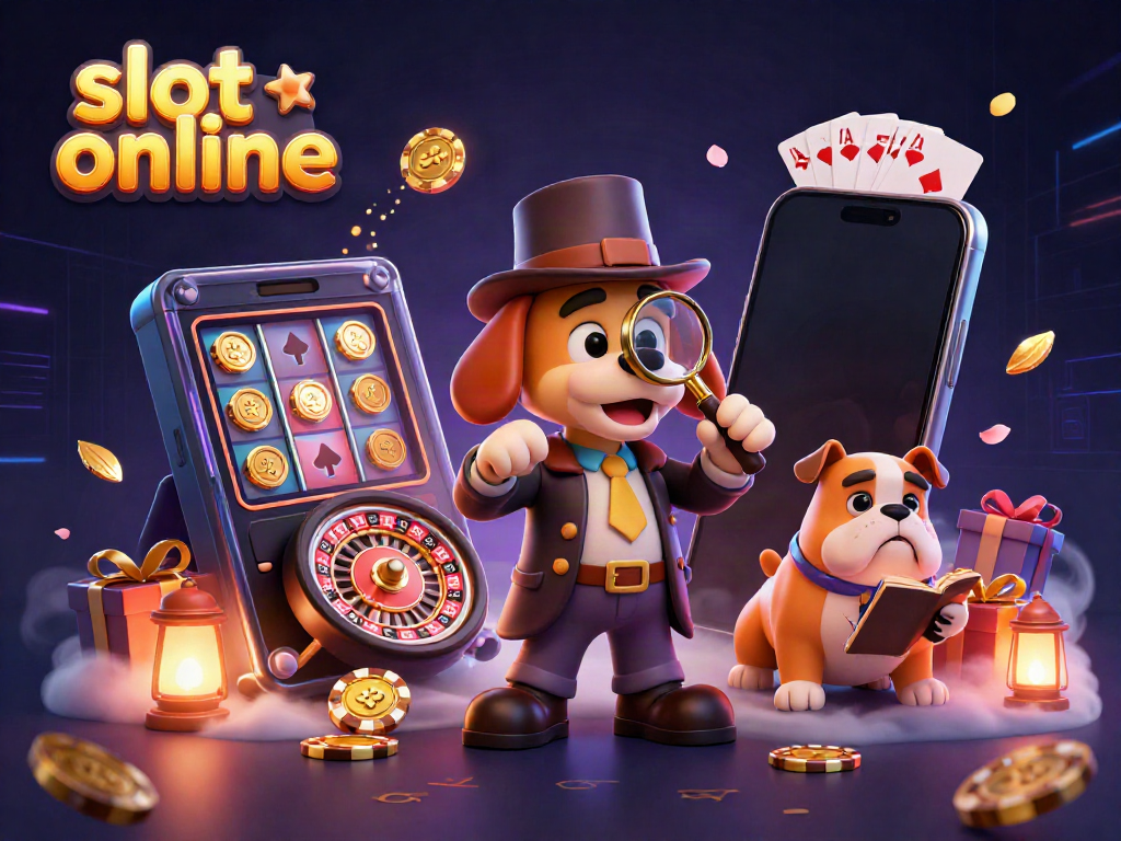 Experience thrilling slots online with a cartoon detective investigating clues amidst game elements.