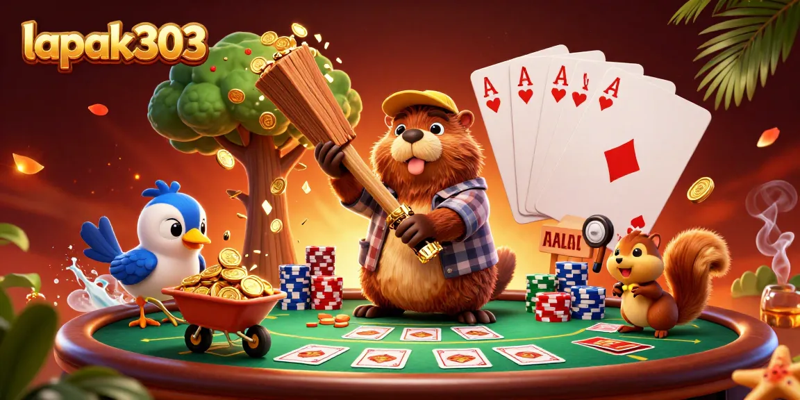 Experience winning at lapak303 with a dynamic casino scene featuring cartoon characters and poker elements.