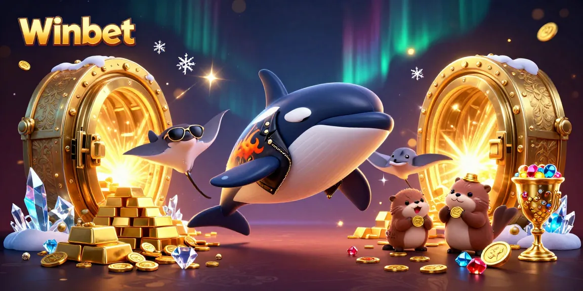 Winbet features playful characters celebrating riches with treasure in a vibrant casino-themed scene.