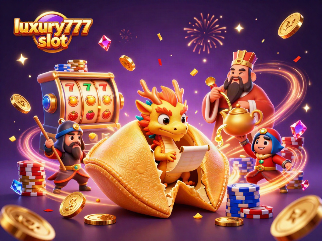Memainkan luxury777 slot dengan karakter kue keberuntungan emas dan naga pintar dalam aksi penuh warna.