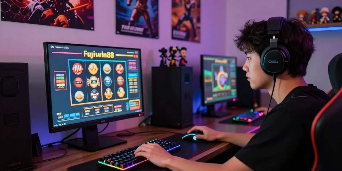 Pengalaman bermain slot gacor fujiwin88 di ruang gaming modern dengan gamer fokus pada layar dan aksesori permainan yang menarik.