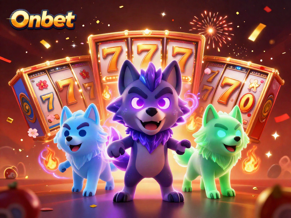 Experience thrilling gameplay at Onbet with vibrant 3D illustrations of wolf characters and jackpot slots.