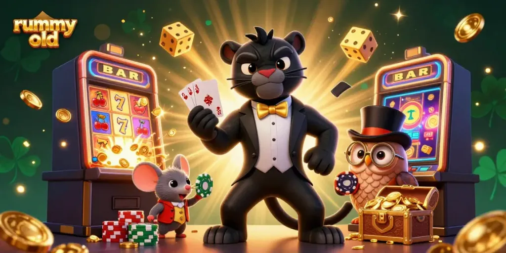 Rummy Old: Kasino digital menampilkan panther yang elegan, harta berkilau, dan elemen permainan meningkatkan pengalaman bermain.