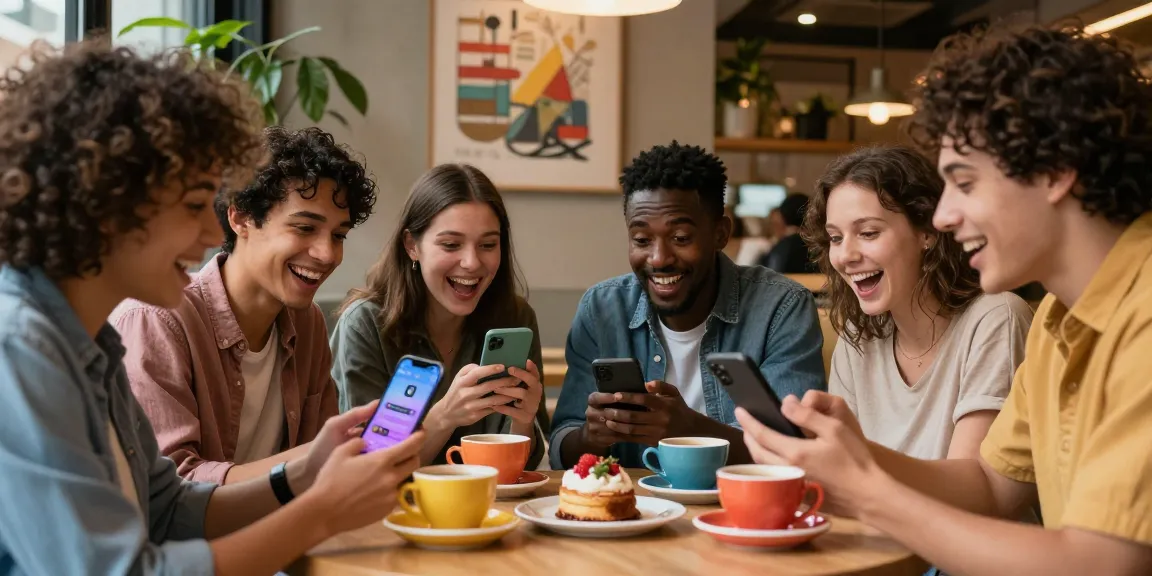 Friends enjoying a spicy chat in a cozy cafe, laughing and interacting with colorful coffee cups.