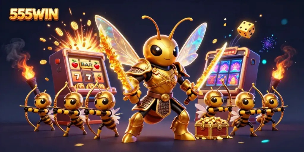 Experience the excitement of 555WIN with a dazzling 3D casino-themed illustration showcasing slot machines and golden characters.