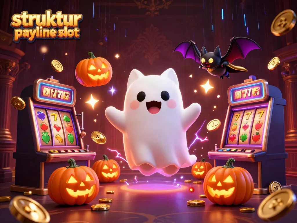 Ilustrasi 3D struktur payline slot dengan kucing hantu dan simbol slot berkilauan.