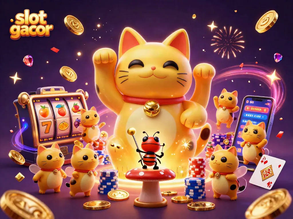 Engage with slot gacor visuals showcasing a lucky cat shaped by golden fireflies surrounded by vivid casino icons.