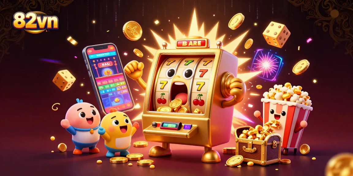Experience jackpots with fun 82vn slot machines bursting with coins and excitement in a vibrant casino scene.