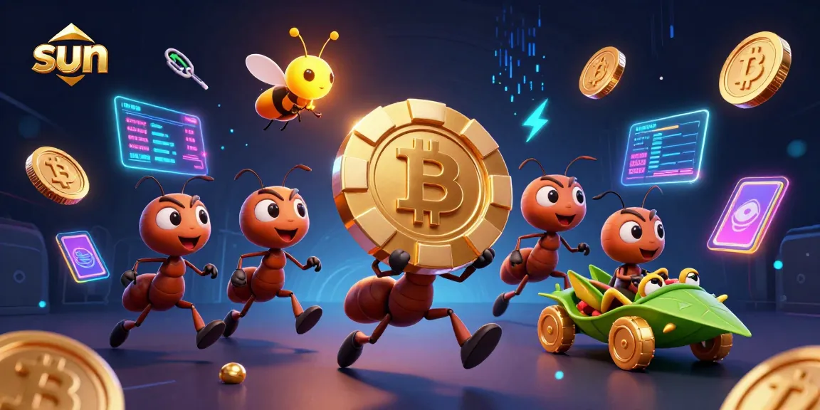 Ants carrying a giant poker chip in a vibrant casino heist scene, showcasing the sun of excitement.