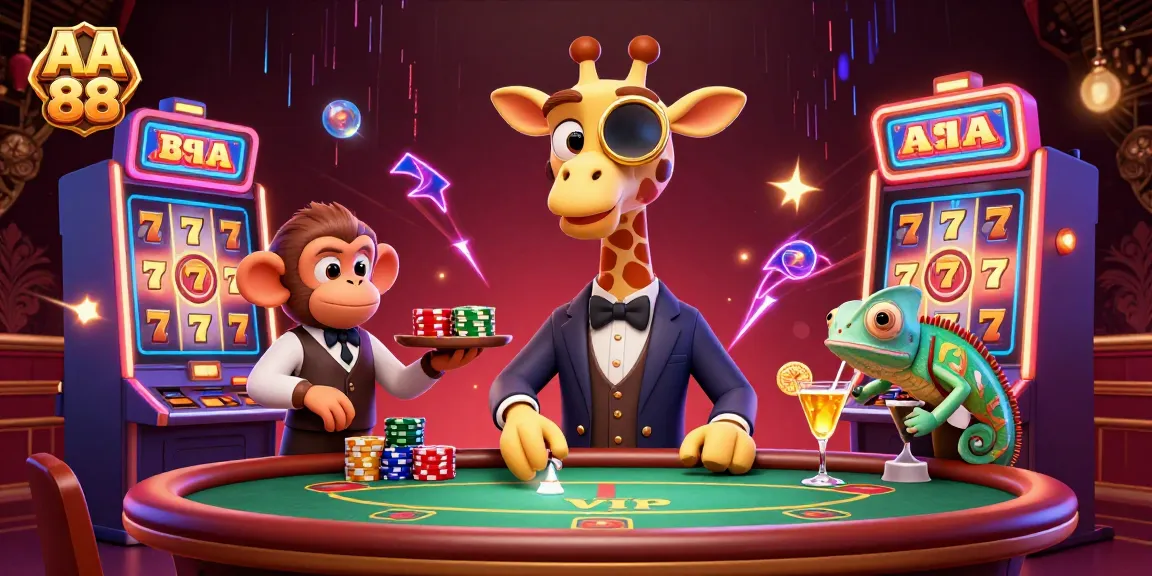 Spin and win with AA 88 in a vibrant casino scene featuring high-roller characters and slot machines.