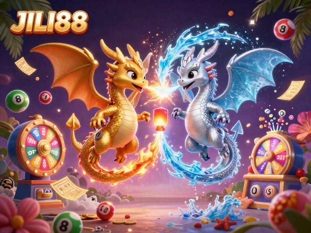 Play exciting games with JILI88, featuring colorful lottery elements and dynamic dragons.