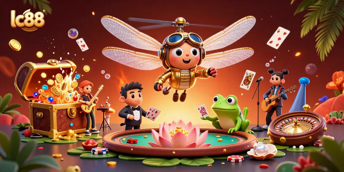 Bet on lc88 with dragonfly pilot and frog dealer in an explosive casino scene.