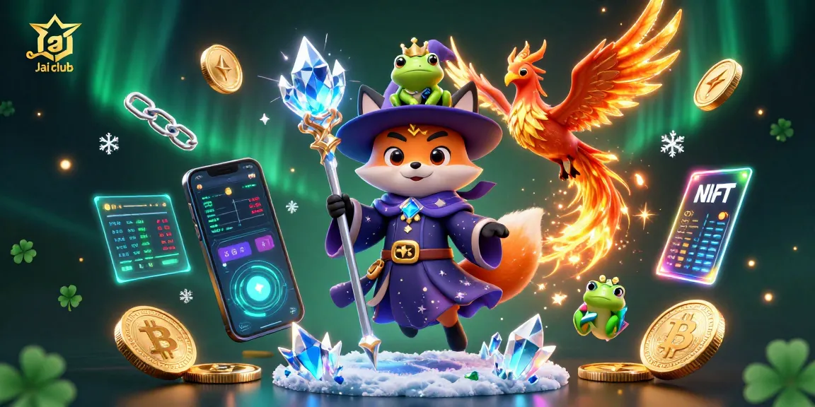 Engage in thrilling games at Jai Club with a mystical wizard fox and a phoenix amidst vibrant casino graphics.