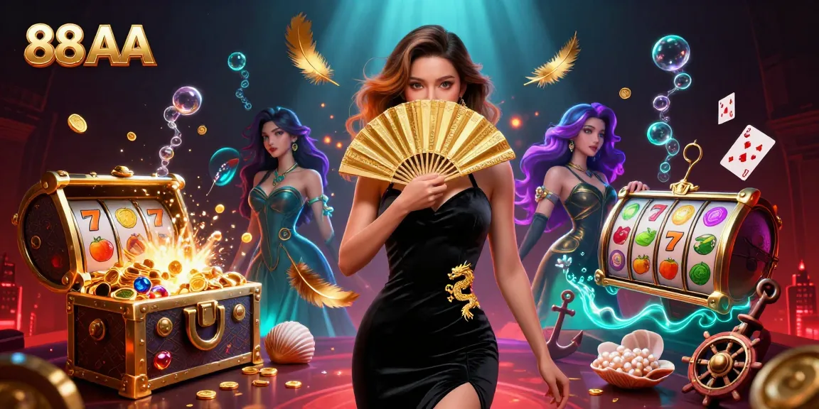 Engage with 88 AA casino treasures in a vibrant underwater scene filled with gold coins and slot reels.