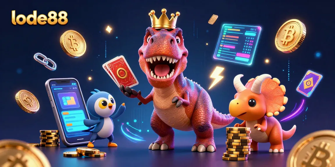 Lode88 engages players with a vibrant scene of T-Rex and triceratops in a dynamic casino setting.