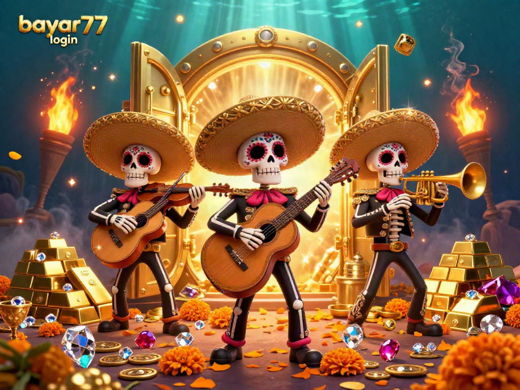 Enhance your gameplay with bayar77 login, showcasing a vibrant 3D mariachi band in a treasure-filled casino setting.