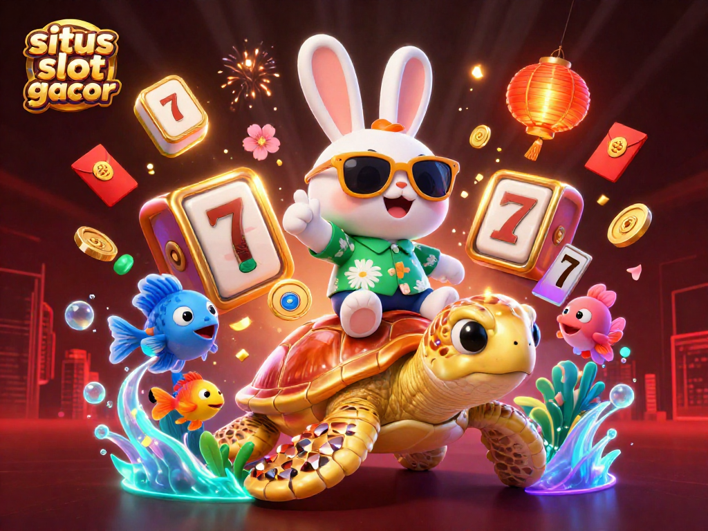 Play exciting games on situs slot gacor, featuring a playful rabbit and golden turtle amidst colorful casino elements.