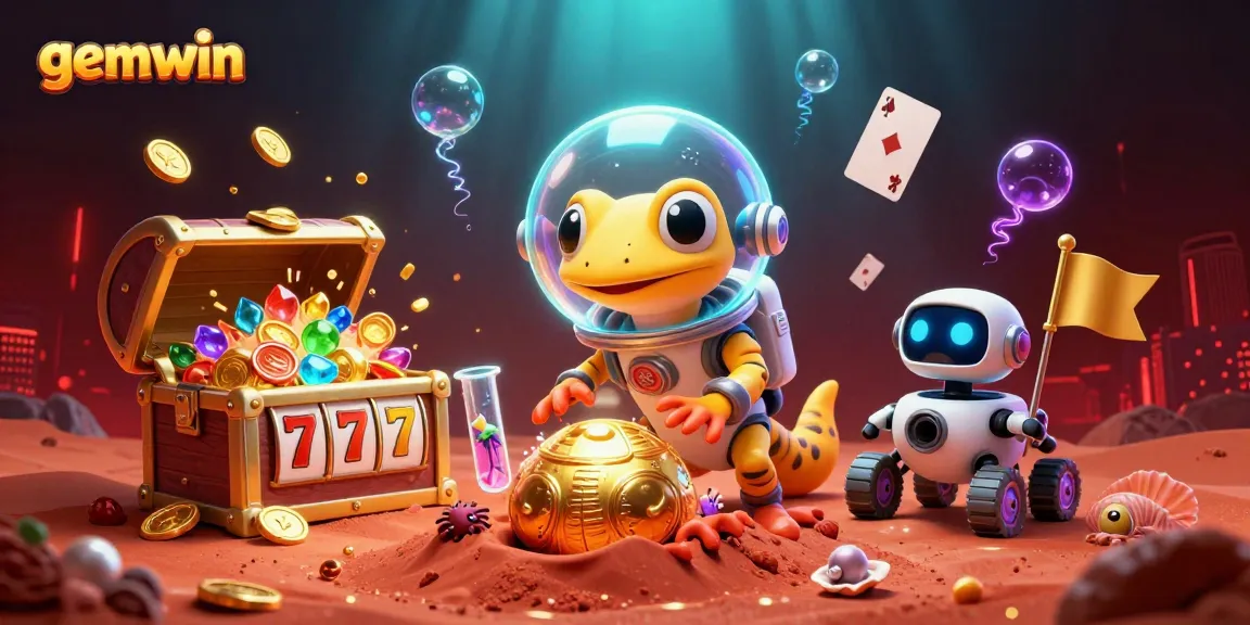 Experience thrilling gaming at gemwin with Martian gecko exploring a golden casino scene.