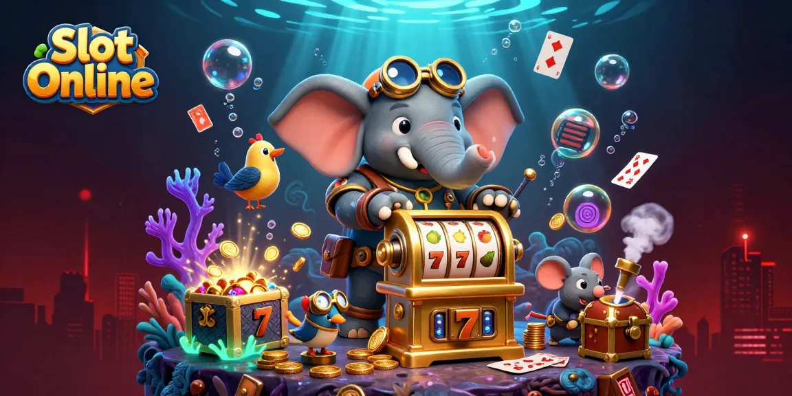 Spin the reels of Slot Online with an exciting steampunk elephant and friends amidst treasures and playful casino elements.