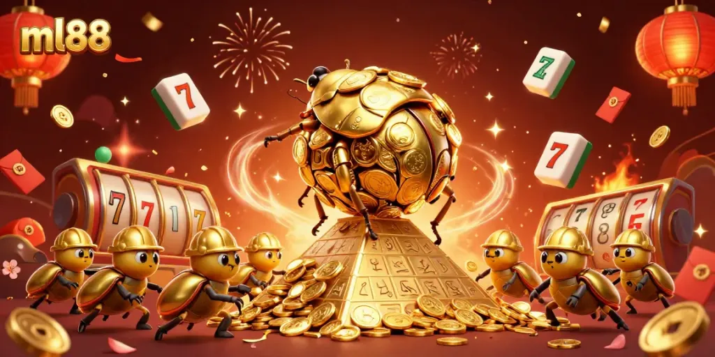 Engage with the thrilling ml88 casino adventure featuring a golden dung beetle and dynamic casino elements.