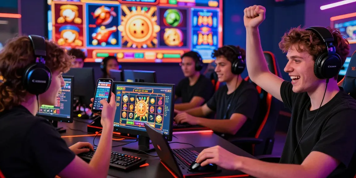 Pengalaman bermain situs slot online dengan pemain merayakan kemenangan besar bersama perangkat gaming dan grafis slot yang dinamis.