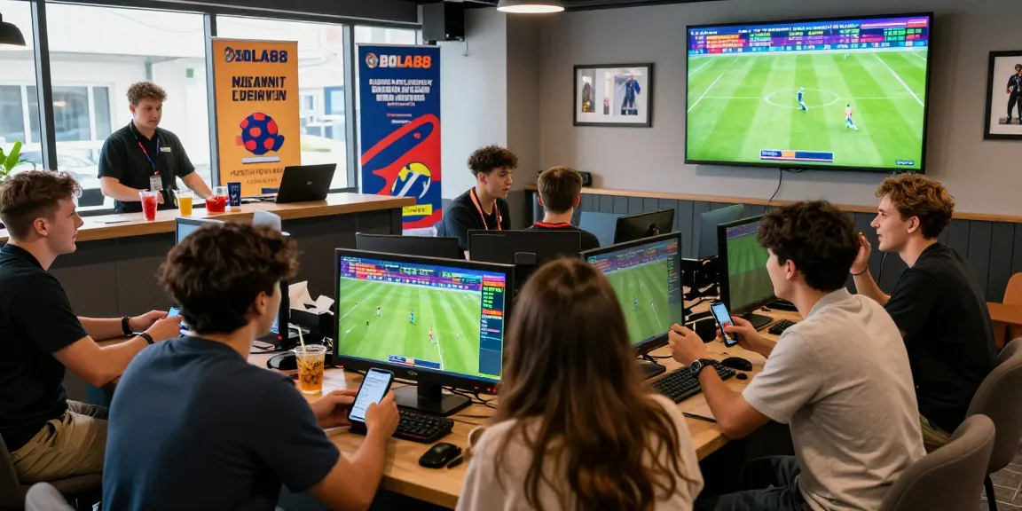 Engaging sports betting community enjoying Daftar Bola88 experience in a vibrant gaming lounge.
