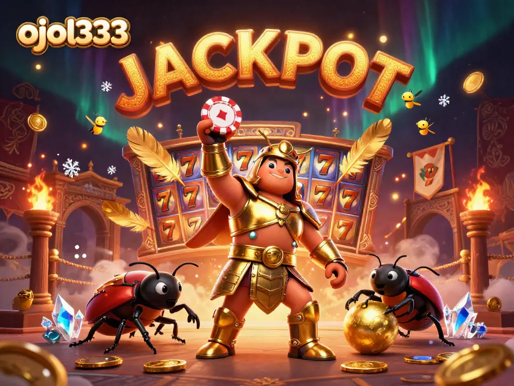 Experience the thrilling jackpot moment in ojol333 with victorious beetle characters in a dynamic casino scene.