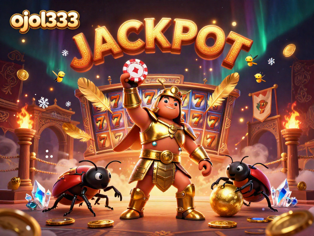 Experience the thrilling jackpot moment in ojol333 with victorious beetle characters in a dynamic casino scene.