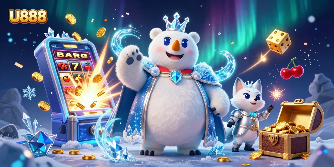 Experience thrilling gameplay at U888 with vibrant characters and dynamic casino elements surrounding a winning slot machine.
