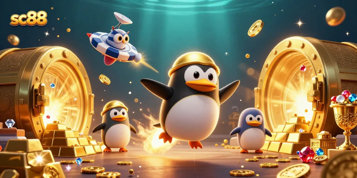 Experience sc88 excitement with a golden penguin racing towards a dazzling casino in this vivid illustration.
