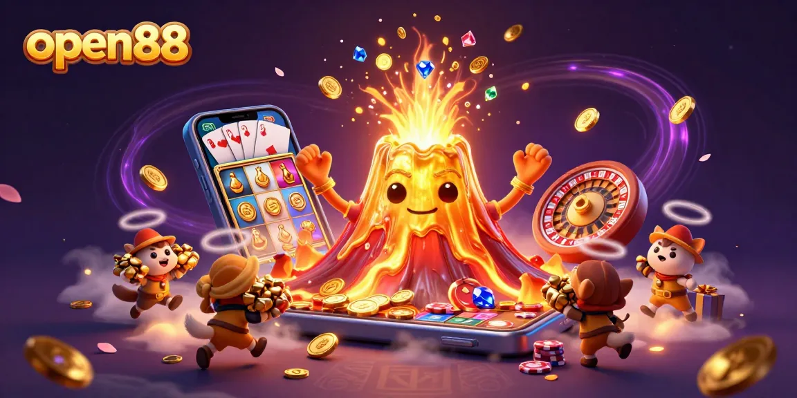 Watch open88 unleash excitement with a triumphant golden volcano amid spinning slot games and treasure.