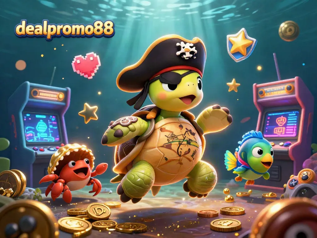 Experience excitement with dealpromo88 in this vibrant 3D casino scene featuring a pirate turtle and treasure.