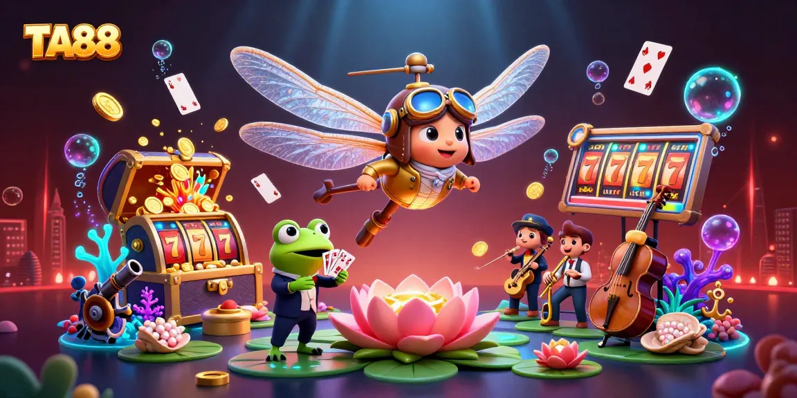 TA88 dragonfly pilot and frog croupier engaging players in vibrant casino action