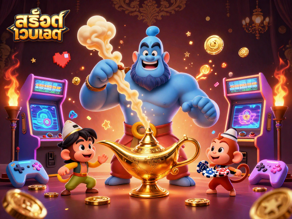 Engage in สล็อตเว็บตรง with a magical 3D scene of a blue genie and colorful casino elements.