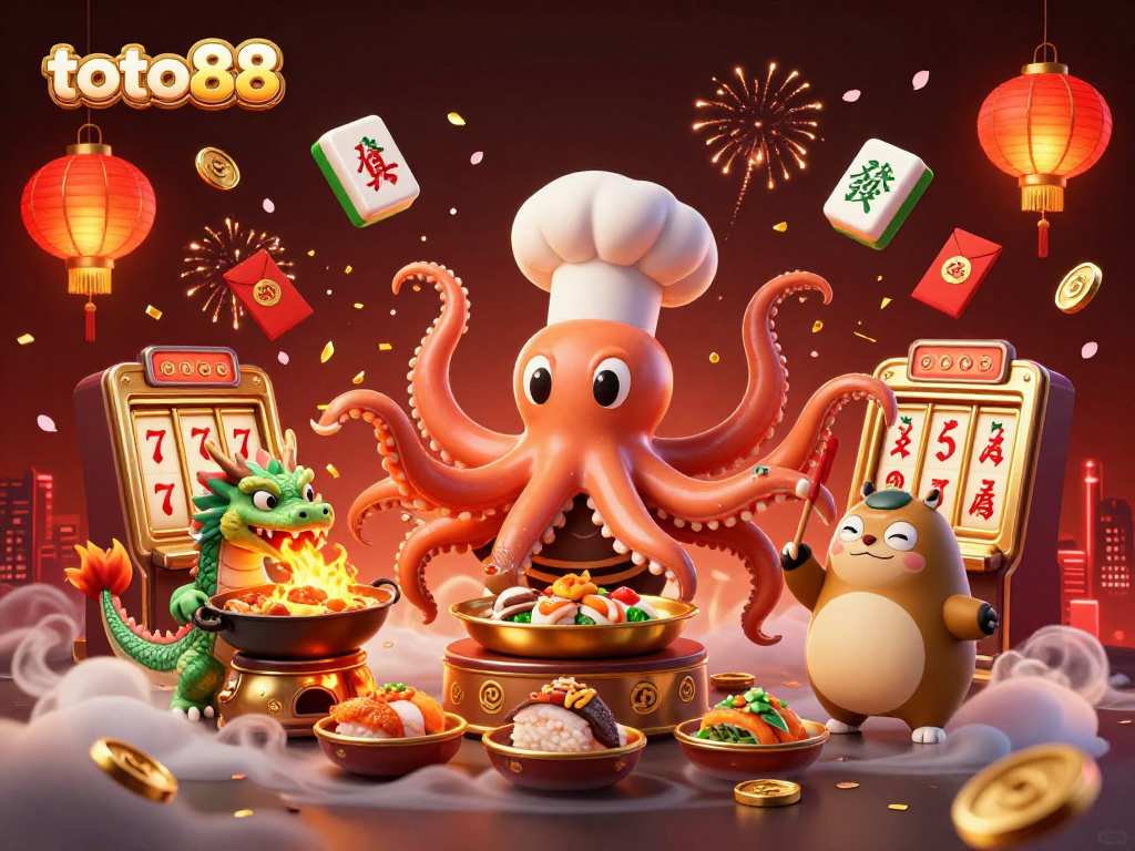 Engage with the exciting world of toto88 as a 3D octopus chef prepares golden slot reels surrounded by vibrant casino elements.