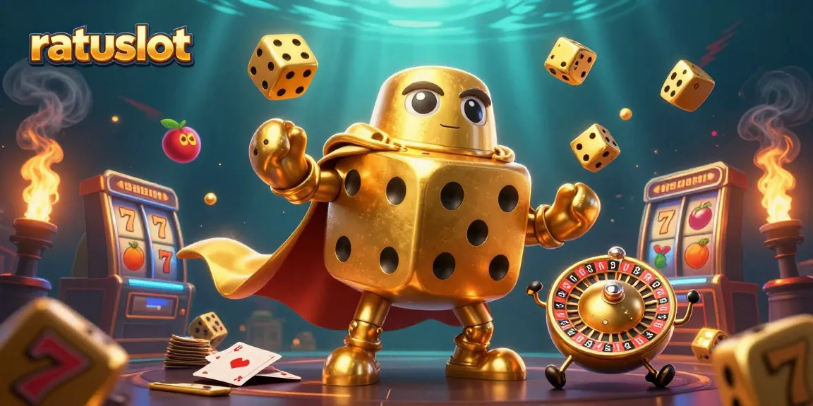 Experience winning thrills with ratuslot's dynamic casino illustration, featuring golden dice and vibrant game elements.