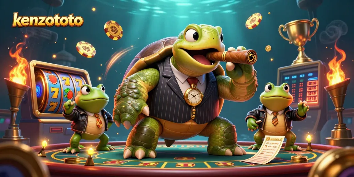 Kenzototo features a vibrant casino scene with a snapping turtle and bullfrog enforcers surrounded by slot machines.