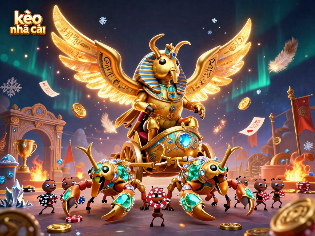 Experience thrilling kèo nhà cái action with a golden scarab beetle and vibrant casino elements.