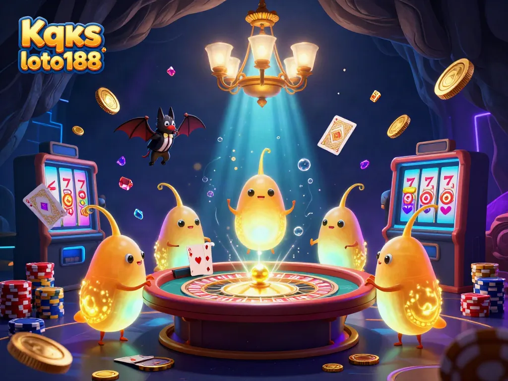 Kqxs loto188 illuminates a casino scene with glowworms and a bat dealer, showcasing dynamic gambling elements.